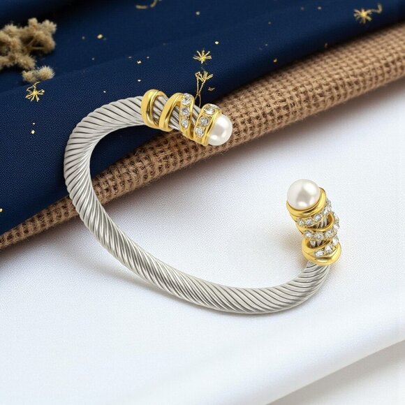 Vintage Elegant Cuff Bracelet Gold Plated Cable Stainless Steel Bangle - Picture 6 of 11